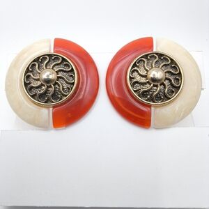 Vintage Red and Cream Clip-On Earrings with Gold Accent